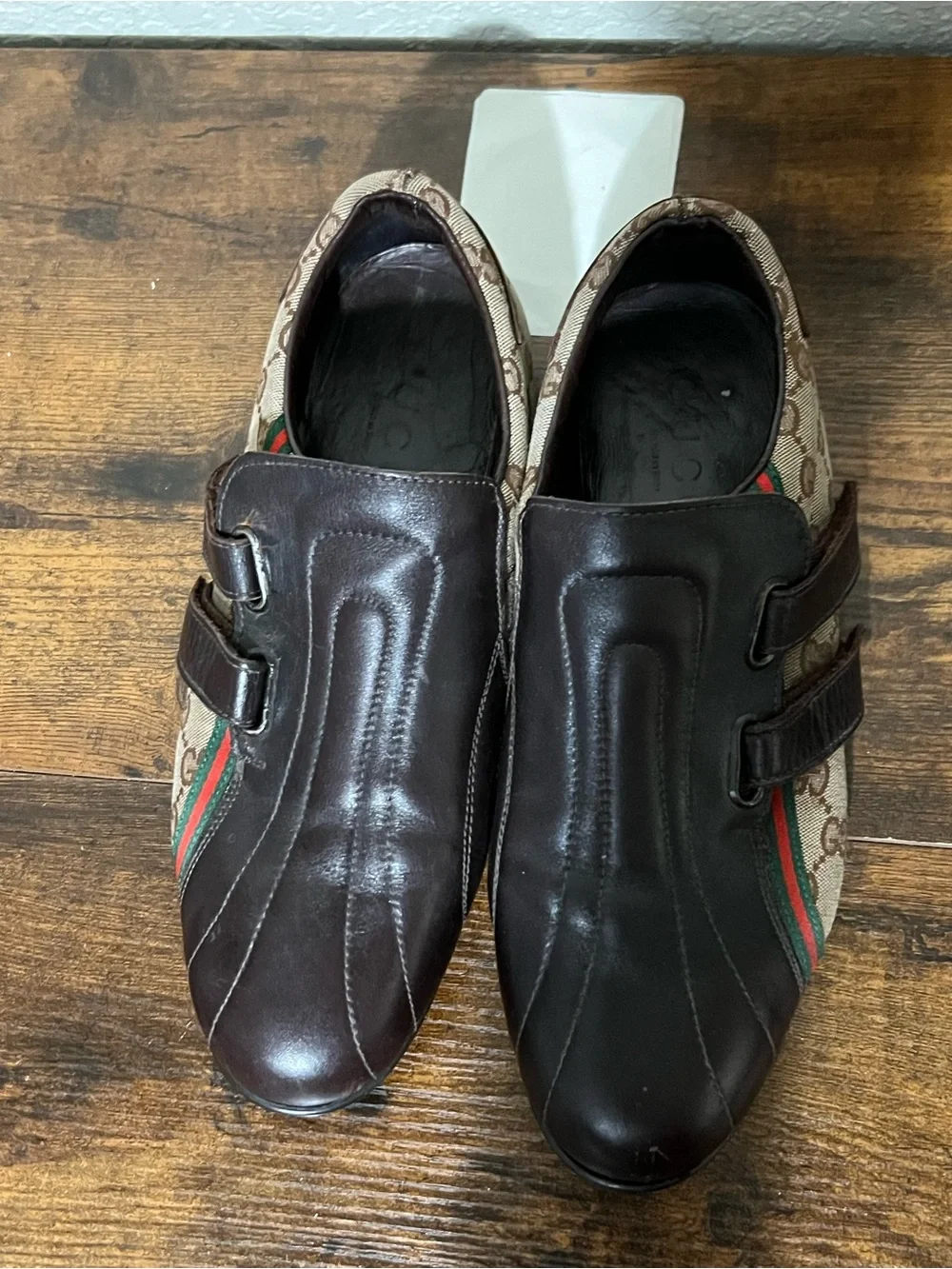 Gucci Brown GG Canvas & Dark Brown Leather Slip-Ons with Red-Green Stripe